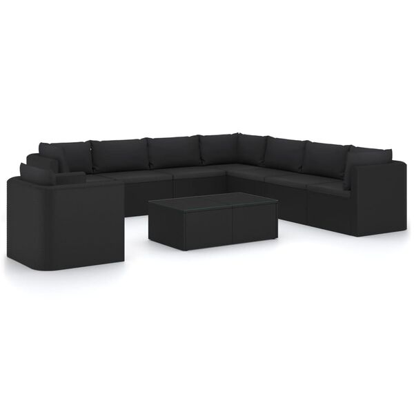 vidaXL 10 Piece Garden Lounge Set with Cushions Poly Rattan Black