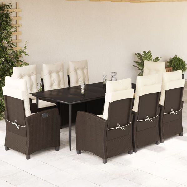 vidaXL 9 Piece Garden Dining Set with Cushions Brown Poly Rattan