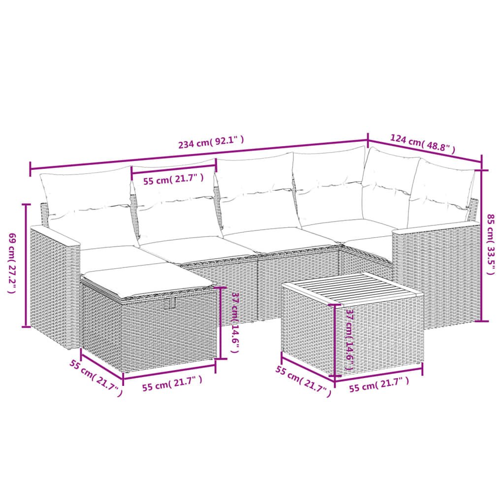 vidaXL 6 Piece Garden Sofa Set with Cushions Grey Poly Rattan