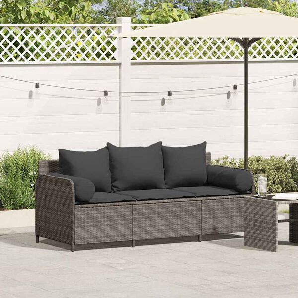 vidaXL Garden Sofa with Cushions 3-Seater Grey Poly Rattan