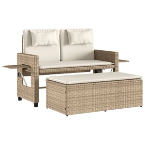 vidaXL Reclining Garden Bench with Cushions Beige Poly Rattan