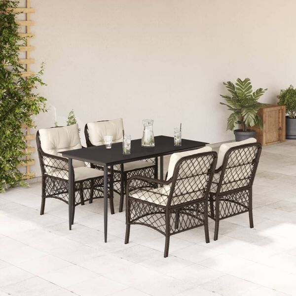 vidaXL 5 Piece Garden Dining Set with Cushions Brown Poly Rattan