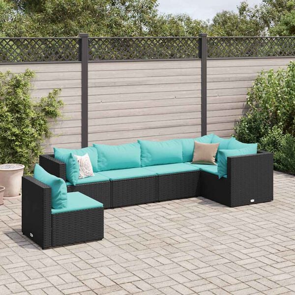vidaXL 6 Piece Garden Lounge Set with Cushions Black Poly Rattan