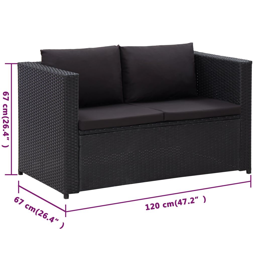 vidaXL 3 Piece Garden Lounge Set with Cushions Poly Rattan Black