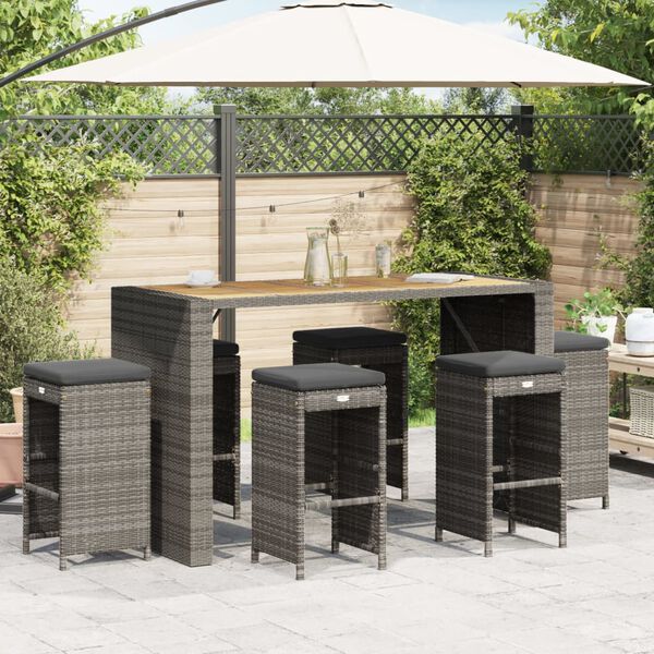 vidaXL Garden Bar Stools with Cushions 6 pcs Grey Poly Rattan