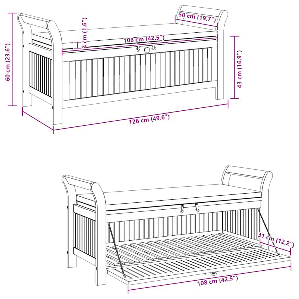 vidaXL Garden Storage Bench with Cushion 126 cm Solid Wood Acacia
