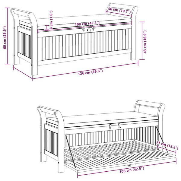 vidaXL Garden Storage Bench with Cushion 126 cm Solid Wood Acacia