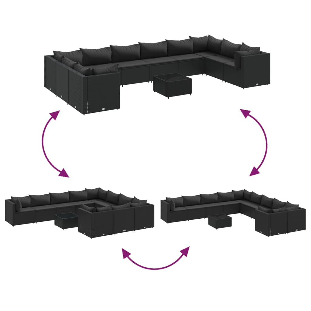 vidaXL 11 Piece Garden Lounge Set with Cushions Black Poly Rattan