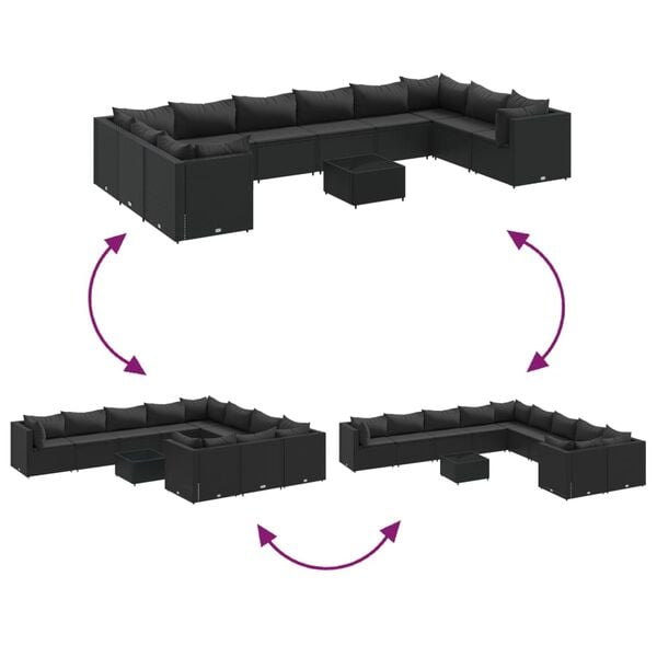 vidaXL 11 Piece Garden Lounge Set with Cushions Black Poly Rattan