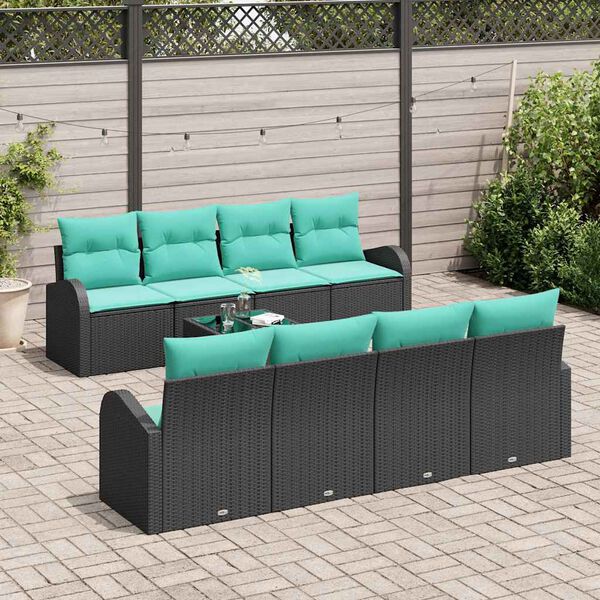 vidaXL Sofa Set with Cushion 9 pcs Black and Turquoise Poly Rattan