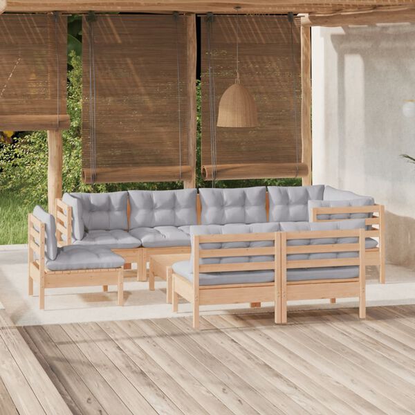 vidaXL 9 Piece Garden Lounge Set with Grey Cushions Solid Pinewood
