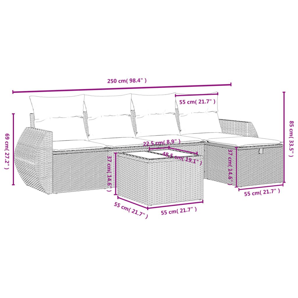 vidaXL 5 Piece Garden Sofa Set with Cushions Brown Poly Rattan