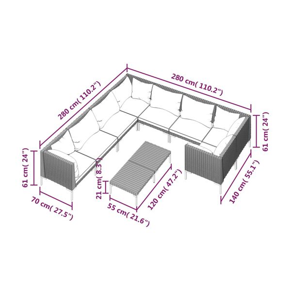 vidaXL 9 Piece Garden Lounge Set with Cushions Poly Rattan Dark Grey