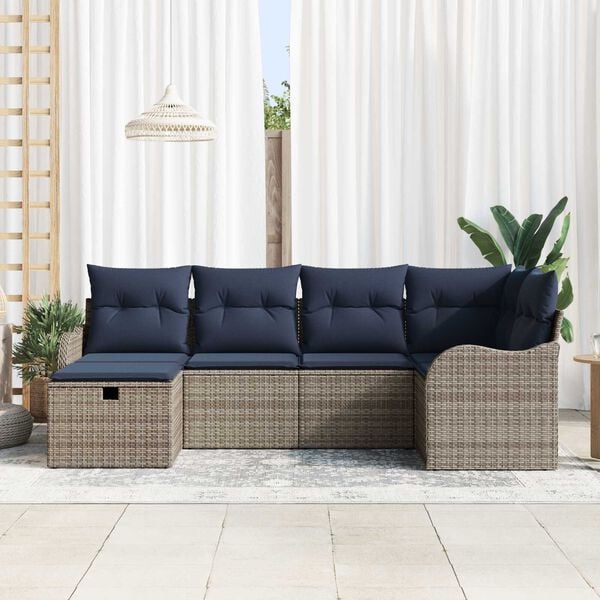 vidaXL 6 Piece Garden Sofa Set with Cushions Grey Poly Rattan