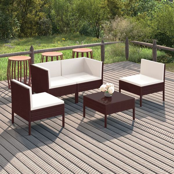 vidaXL 5 Piece Garden Lounge Set with Cushions Poly Rattan Brown