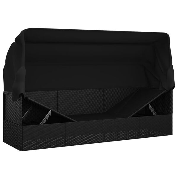 vidaXL Outdoor Lounge Bed with Roof and Cushions Black Poly Rattan