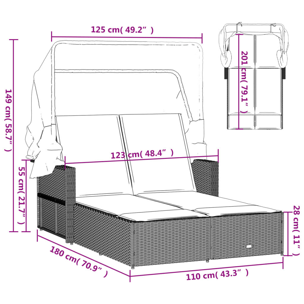 vidaXL Double Sun Lounger with Canopy and Cushions Grey Poly Rattan