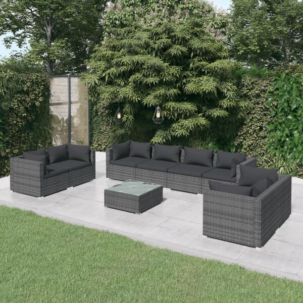 vidaXL 9 Piece Garden Lounge Set with Cushions Poly Rattan Grey