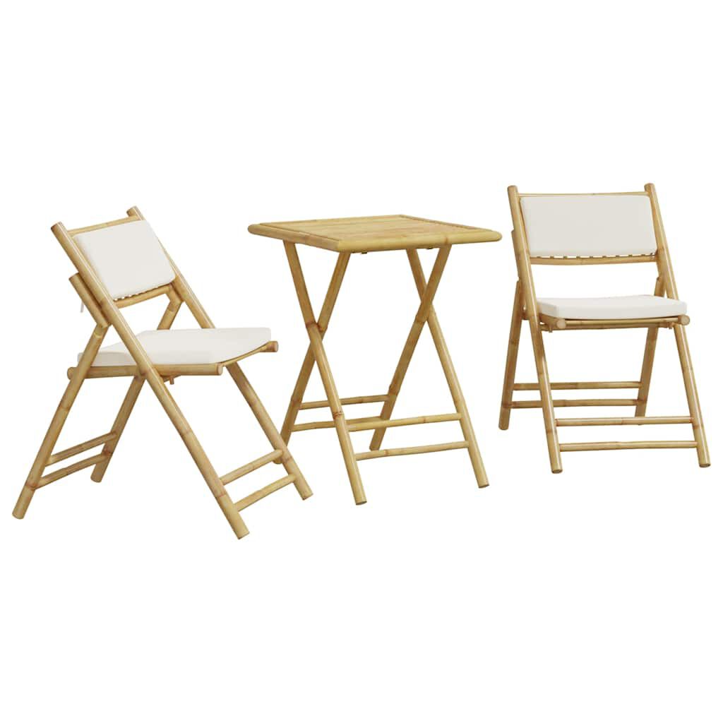 vidaXL 3 Piece Folding Bistro set with Cream White Cushions Bamboo