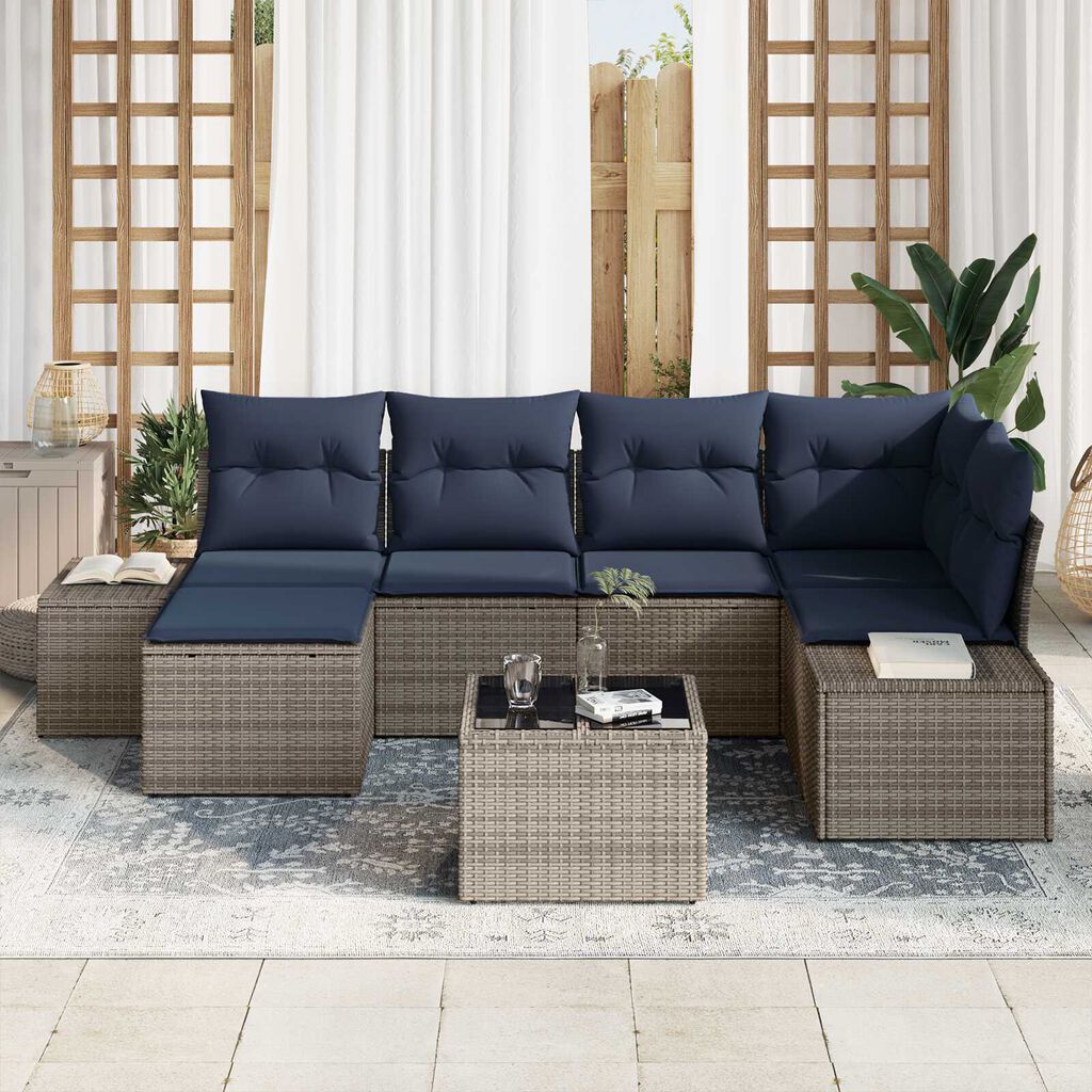 vidaXL 7 Piece Garden Sofa Set with Cushions Grey Poly Rattan