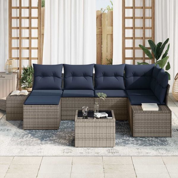 vidaXL 7 Piece Garden Sofa Set with Cushions Grey Poly Rattan