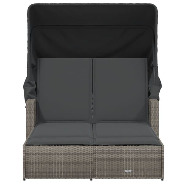 vidaXL Double Sun Lounger with Canopy and Cushions Grey Poly Rattan