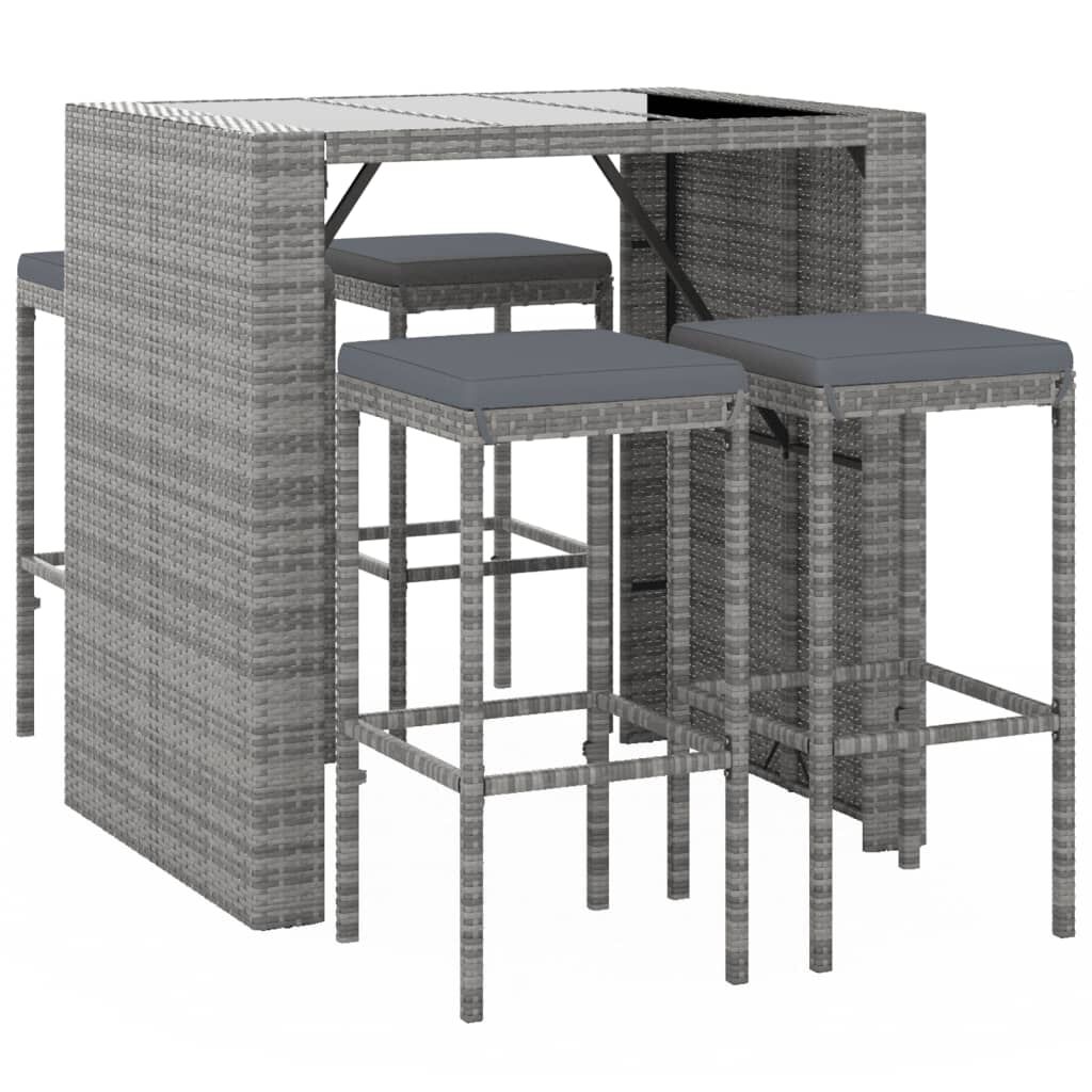 vidaXL 5 Piece Garden Bar Set with Cushions Grey Poly Rattan