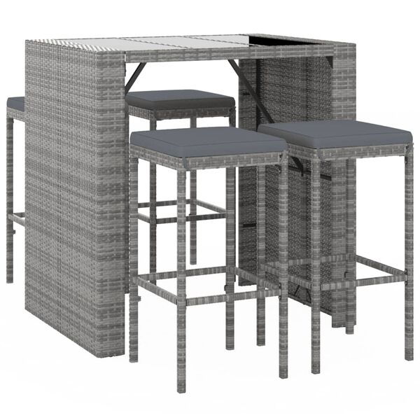 vidaXL 5 Piece Garden Bar Set with Cushions Grey Poly Rattan