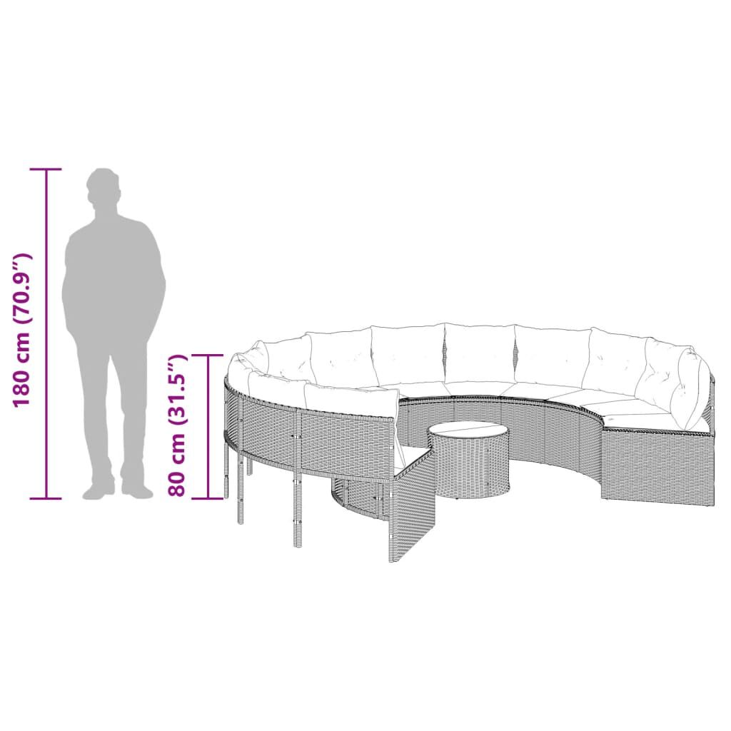 vidaXL Garden Sofa with Table and Cushions Round Grey Poly Rattan