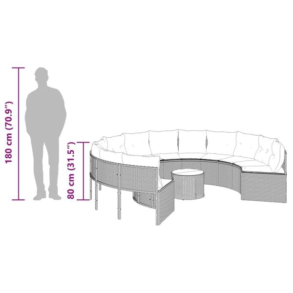 vidaXL Garden Sofa with Table and Cushions Round Grey Poly Rattan
