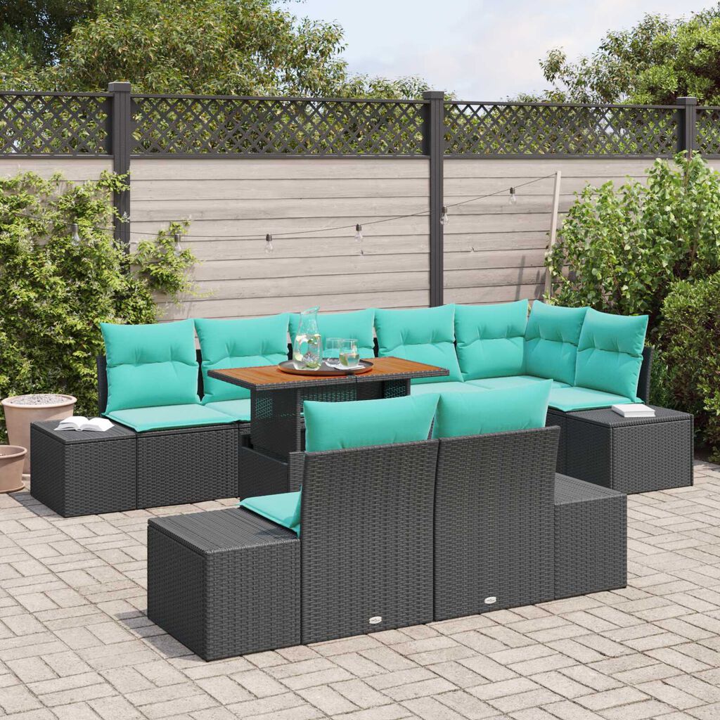 vidaXL 9 Piece Garden Sofa Set with Cushions Black Poly Rattan Acacia