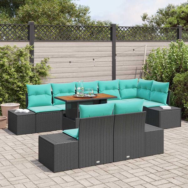 vidaXL 9 Piece Garden Sofa Set with Cushions Black Poly Rattan Acacia