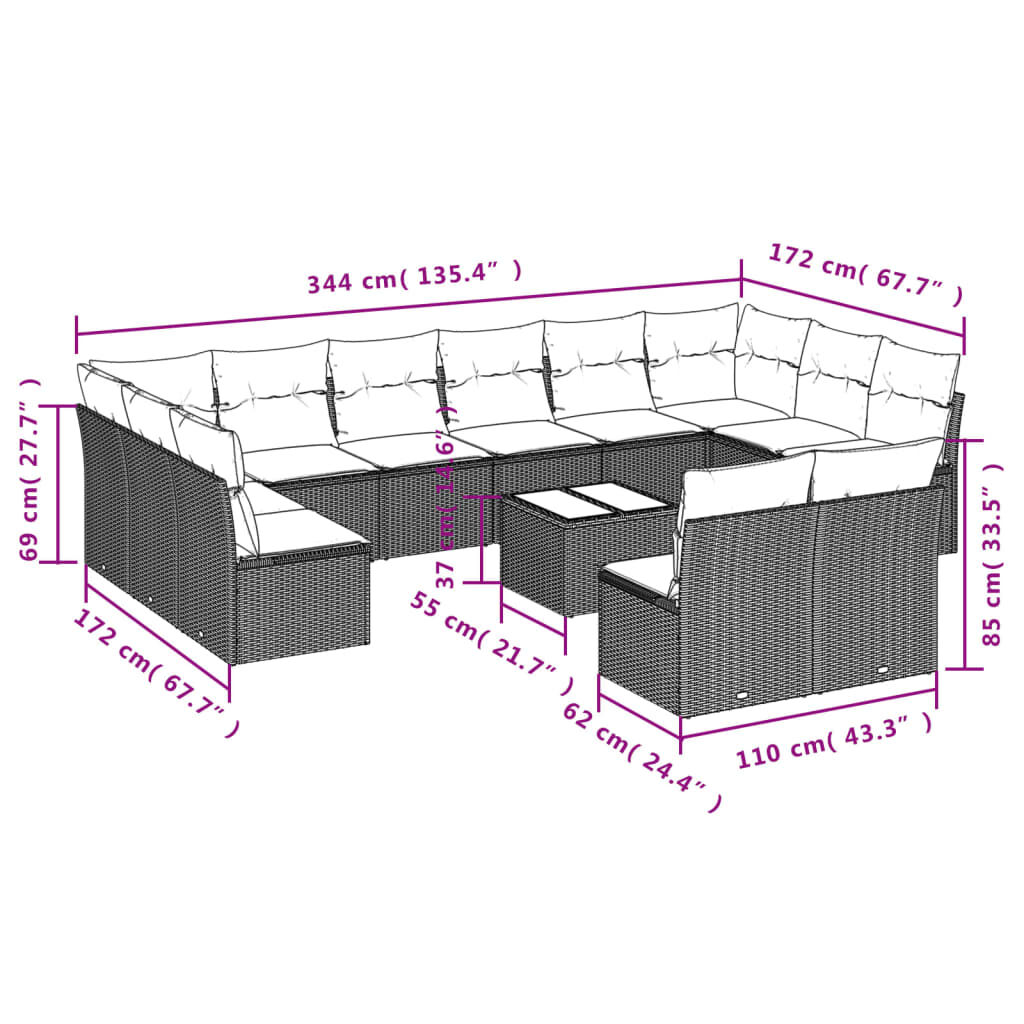vidaXL 13 Piece Garden Sofa Set with Cushions Brown Poly Rattan