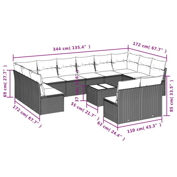 vidaXL 13 Piece Garden Sofa Set with Cushions Brown Poly Rattan
