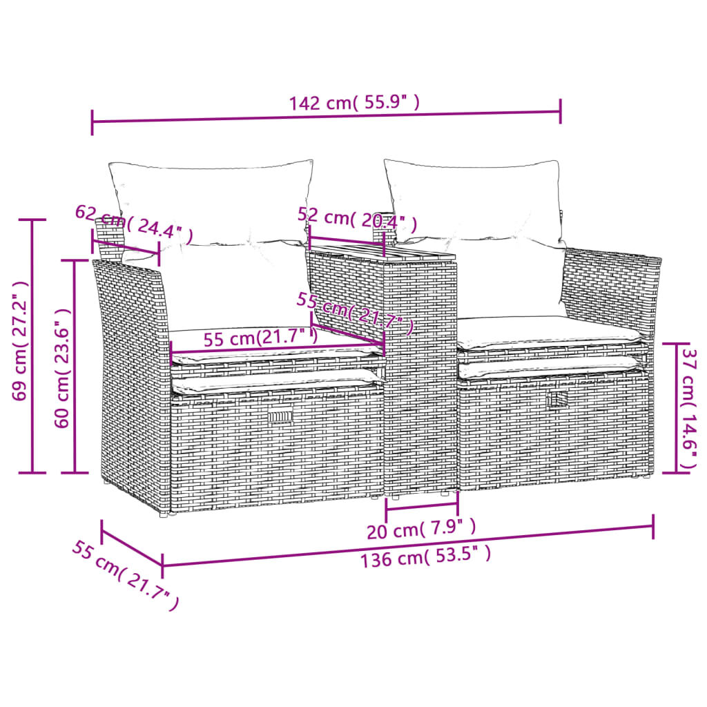 vidaXL Garden Sofa 2-Seater with Stools Beige Poly Rattan