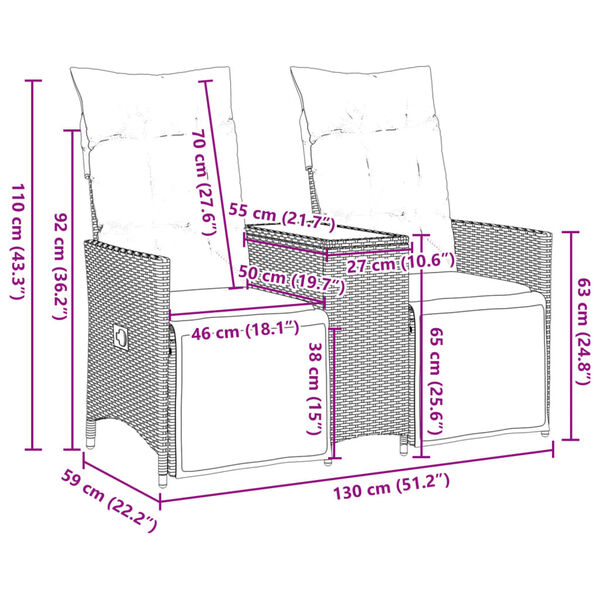 vidaXL Reclining Garden Sofa 2-Seater with Table Black Poly Rattan