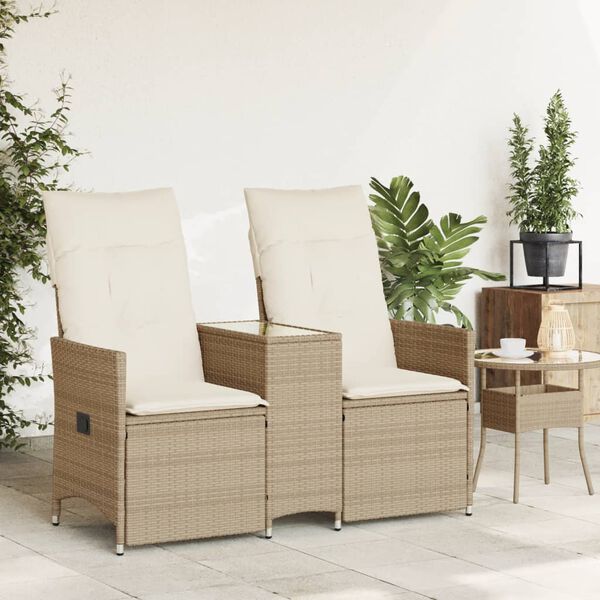 vidaXL Reclining Garden Sofa 2-Seater with Table Beige Poly Rattan