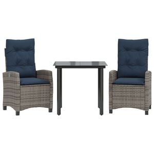 vidaXL 3 Piece Garden Dining Set with Cushions Grey Poly Rattan