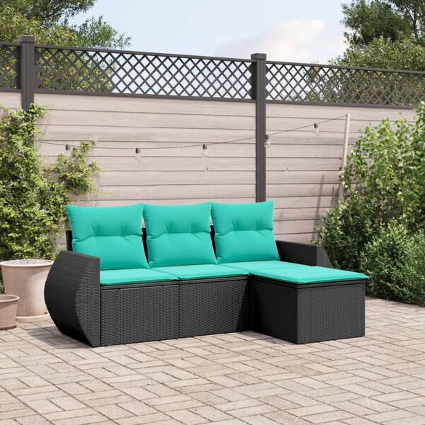 vidaXL 4 Piece Garden Sofa Set with Cushions Black Poly Rattan