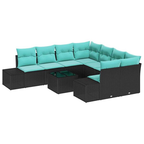vidaXL Garden Sofa Set with Cushion 9 pcs Black Poly Rattan
