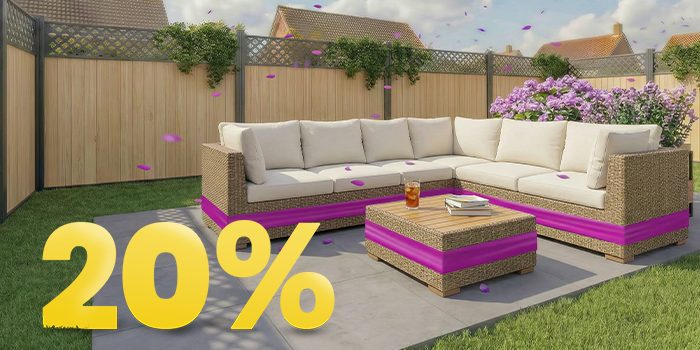 Outdoor banner displaying a rattan garden sofa and matching table with a purple accent band, and a large yellow ‘20%’ discount text in the corner. Click to see the products in the collection.