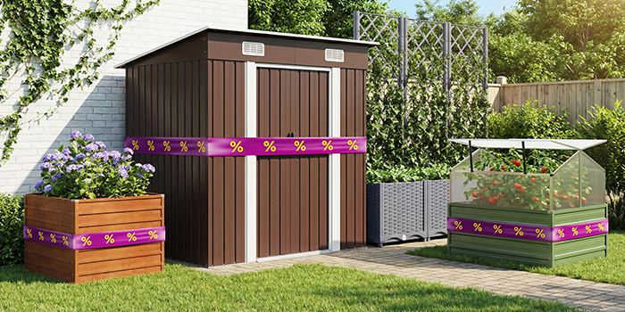Garden scene with a brown outdoor storage shed, a wooden planter with flowers, and a raised garden bed with a transparent cover. Click to see the products in the collection.