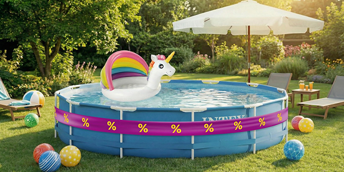 Round above‑ground pool with a unicorn inflatable, surrounded by garden chairs, umbrellas, and colorful balls. Click to see the products in the collection.
