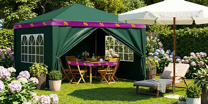 Garden gazebo with a dark green canopy, furnished with a wooden dining set, next to a sun lounger under a white umbrella. Click to see the products in the collection.