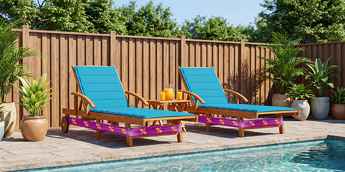 Two wooden poolside loungers with blue cushions beside a swimming pool, surrounded by potted plants. Click to see the products in the collection.