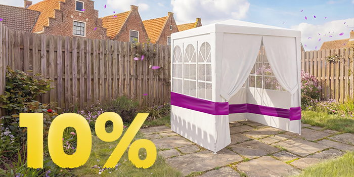 Outdoor banner featuring a white garden gazebo with sheer curtains and a purple accent band, with a large yellow ‘10%’ discount text in the corner. Click to see the products in the collection.