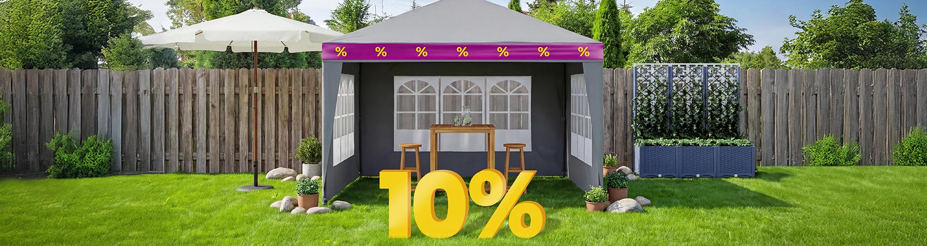 Garden gazebo with table and stools set on a lawn, highlighting a 10% discount on outdoor products.