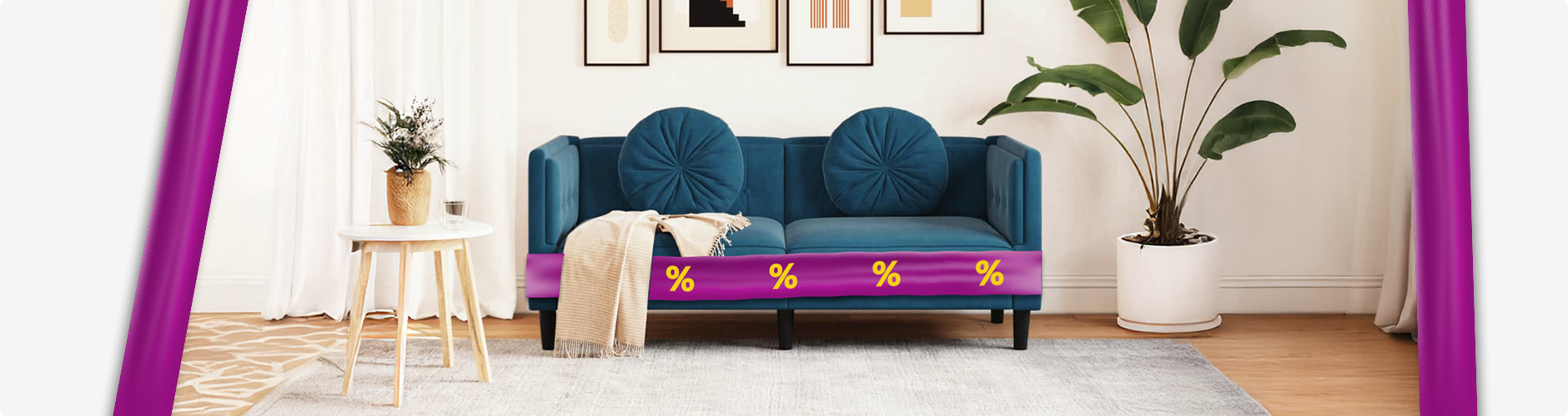 Dark grey sofa with round cushions and blanket, in a styled living room framed by purple promotional bands with yellow discount icons. Click to shop the collection.