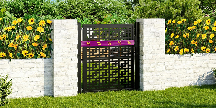 Decorative metal garden gate set between two stone pillars, with tall yellow flowers on each side. Click to see the products in the collection.