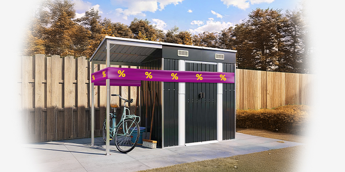 Grey outdoor storage shed wrapped in a purple promotional band, bicycle and tools leaning against it. Click to shop the collection.